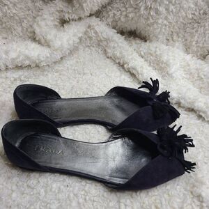 Prada Navy Blue Suede Leather Tassel Peep-toe D'orsay Flats sz 40‎